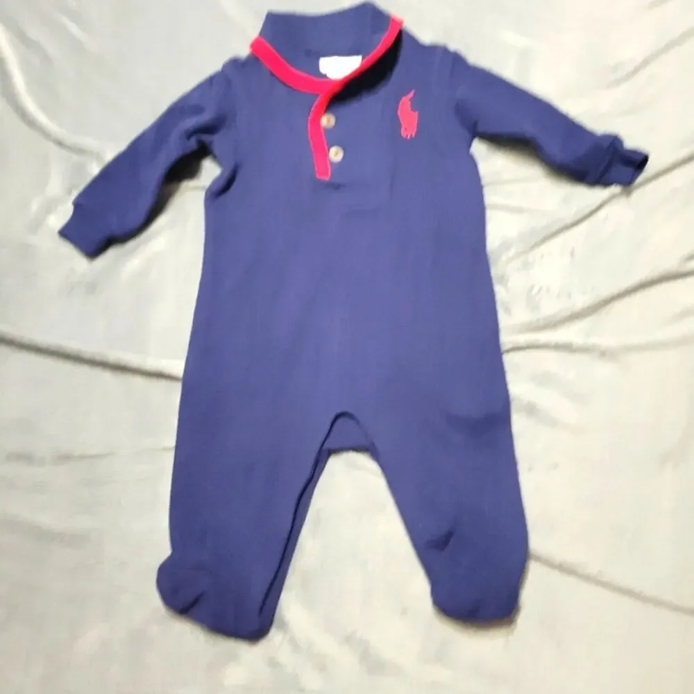 Ralph Lauren Polo Romper Boys 3 Month Navy Embroidered Logo‎ Red Collared Footed